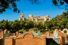 Ayuntamiento de Malaga (Malaga City Hall) and Pedro Luis Alonso Gardens, Malaga, Spain. Art Print